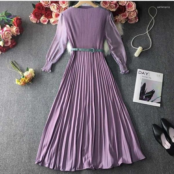 Vestidos casuales elegante cinturón vintage gasa vestido de verano primavera francés engarzado cintura manga larga slim fit sólido plisado para mujeres 2024