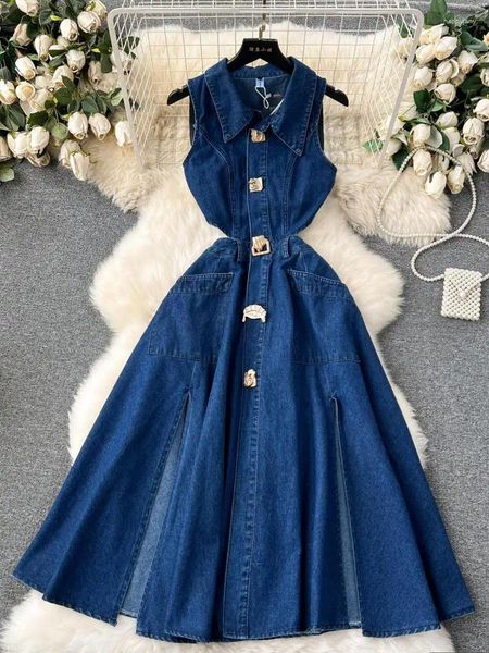 Robes décontractées Robe de jean vintage élégant pour femmes Fashion Summer Hollow Out Dew Split Vestidos Sexy Club Long Jeans