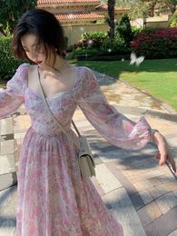 Casual jurken Elegant Vintage Fairy Midi Dress Women Csaual Korean Chiffion Floral Midi Dress