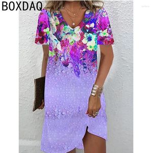 Casual jurken Elegante vintage bloemenprintjurk Big Size 6xl zomer korte mouw v-neck a-line strand feest mini