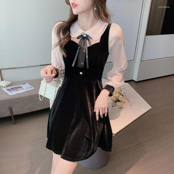 Vestidos casuales elegante Vintage terciopelo negro vestido para mujer muñeca cuello linterna manga Mujer Vestidos Sexy fiesta bata Midi