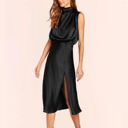 Casual Jurken Elegante Bruiloft Gast Jurk Vlek Temperament Vrouwen Mouwloze Mock Neck Mode Eenvoudige Side Slit Lace Up Lady Party Club