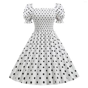 Casual Jurken Elegante Witte Jurk Vrouwen Zomer Stip Bladerdeeg Korte Mouw Vierkante Kraag Elastische Taille Vintage Mini Party Vestido