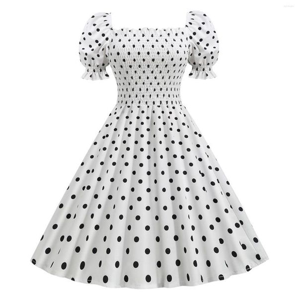 Robes décontractées élégante robe blanche femmes été à pois bouffée à manches courtes col carré taille élastique Vintage Mini fête Vestido