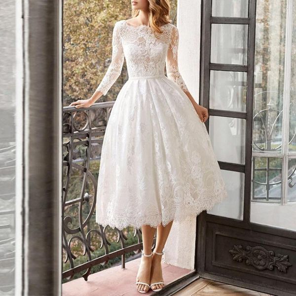 Robes décontractées Robe de dentelle blanche élégante Robe 2023 Printemps Été Femmes Manches longues Fit et Flare Fête de mariage Lady Sexy Soirée Midi