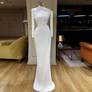 Vestidos casuales elegante blanco largo satén sirena fiesta de noche 2023 imagen Real mangas completas vestido Formal de graduación Dubai Vestito Da Donna