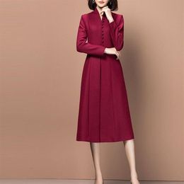 Robes décontractées Élégant hiver robe de laine femmes mince vintage rétro a-ligne bordeaux longue mode dames formelles vêtements de travail cl319s