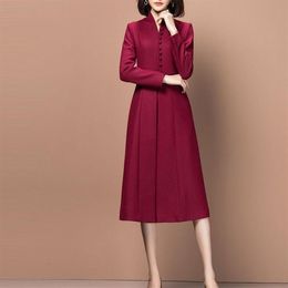 Vestidos casuales elegante vestido de lana de invierno mujeres delgadas vintage retro una línea borgoña larga moda damas formal negocio trabajo desgaste cl279f
