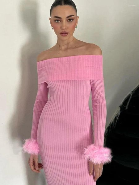 Vestidos casuales elegante mujer ropa slash cuello fuera del hombro media pantorrilla vestido rosa 2023 invierno dama piel patchwork slim fit fiesta de noche