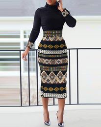 Casual jurken Elegante dames 2023 Autumn Fashion Vintage Tribal Print High Neck Long Sleeve Skinny Slit Work Midi Pencil Dress