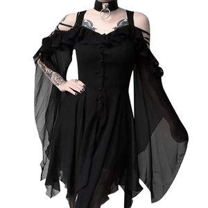 Casual Jurken Elegante Vrouwen Donkere Zwarte Jurk Ruffle Sleeves Off Shoulder Gothic Party Mini Vestidos 2021 Herfst Halloween Ropa Mujer