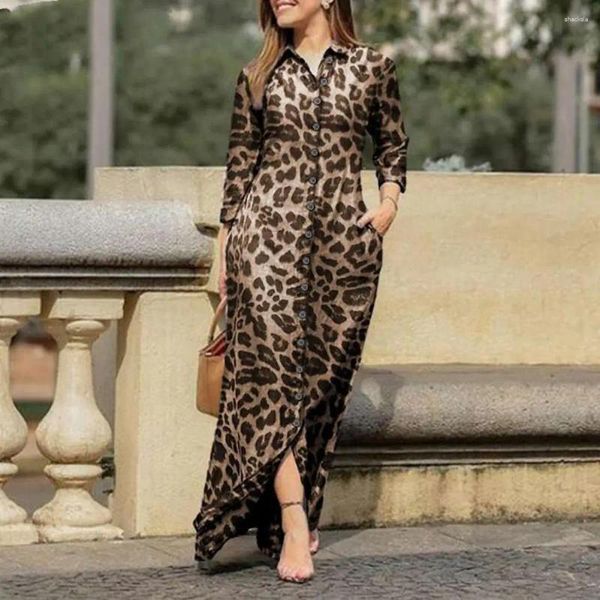 Vestidos casuales elegante vestido de mujer leopardo geométrico patchwork impresión maxi para primavera otoño solapa camisa de manga larga