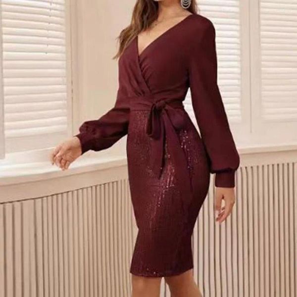 Robes décontractées Femmes élégantes Robe Sexy Col V profond Manches longues Slim Moulante avec ceinture Taille serrée Soirée Cocktail