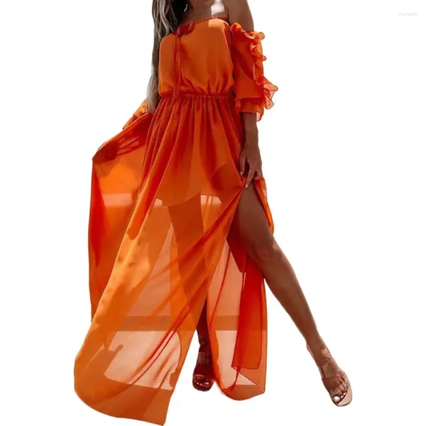 Vestidos casuales Vestido de mujer elegante Verano 2023 Malla transparente Doble capa Mangas de tres cuartos Fuera del hombro Playa Longitud del piso Maxi