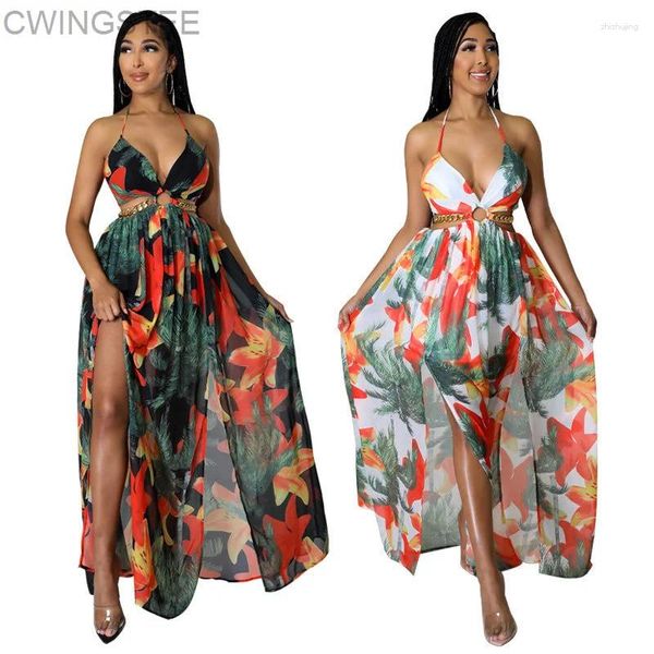 Vestidos informales Mujeres elegantes Halter Floral V-Eck sin espalda Corte Cadena Cadena sin mangas Side Split Fit Flare Maxi Long