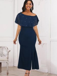 Casual jurken Elegante vrouwen Long Prom Party Navy Blue Beading Mesh Cloak Sleeve Slit Trumpet Dress Summer Big Size 4xl Curve Outfits