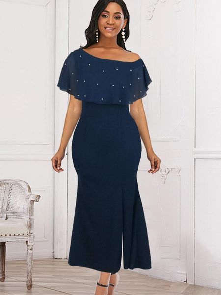 Robes décontractées élégantes femmes longues bal de bal marine bleu marine perle en msh manche de caisse fente robe de trompette d'été grande taille 4xl courbe