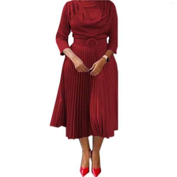 Vestidos casuales Mujeres elegantes Midi plisado O-cuello de cintura alta Big Swing A Line Dress Modest Classy Office Lady Guest Party Vestido de noche