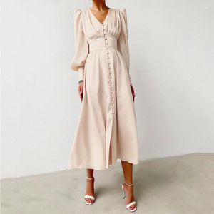 Casual jurken elegante vrouwen midi satijnen stof lange jurk lantaarn mouw herfst vintage luxe vinten met eend