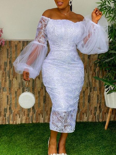 Robes Décontractées Femmes Élégantes Hors Épaule Robe En Dentelle Puffy Tulle À Manches Longues Dos Nu Blanc Midi Grande Taille 3XL 4XL Tenues De Mariage De Fête