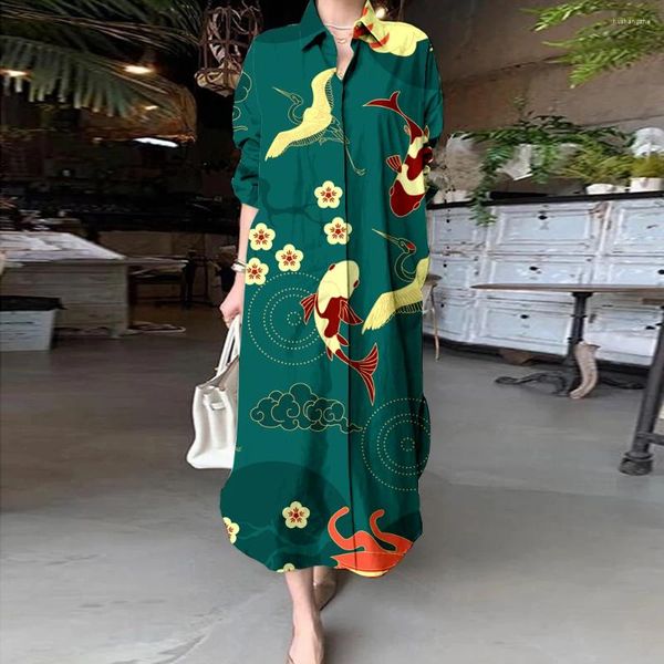 Vestidos casuales elegante estilo chino de las mujeres vestido de camisa impresa otoño solapa de manga larga de un solo pecho femenino 2024 bata de noche