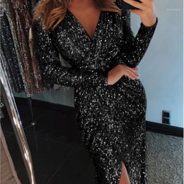 Abiti casual Donne eleganti Abito lungo con paillettes lucide Abito da sera con scollo a V profondo vintage Femme Maxi Backless Split Champagne Vestidos