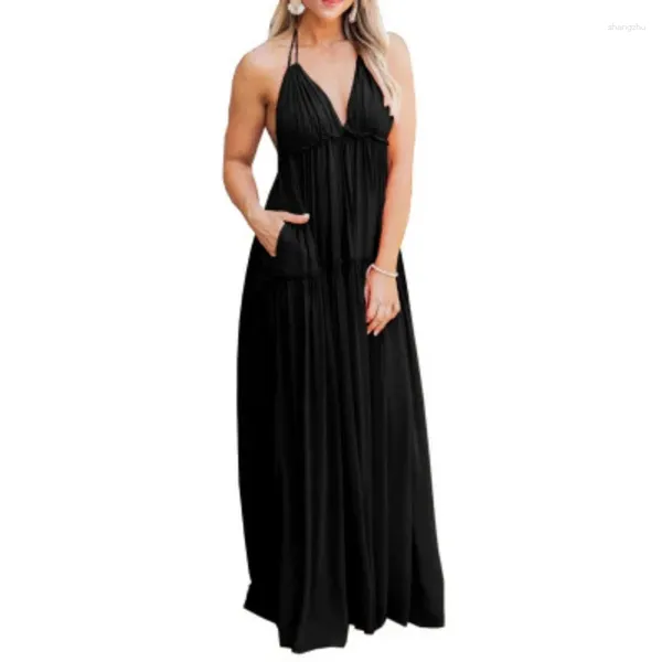 Vestidos informales Correa elegante para mujeres V Cuello Alto Cintura Sin espalda Ruchada Long Night Graduation Dress Club Clubwear Sexy Corset Fiesta