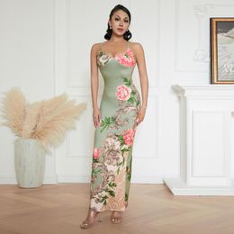 Robes décontractées femmes élégantes robe d'été imprimé fleuri col en v sans manches fronde Cocktail longue robe d'été Club Streetwear Y2k