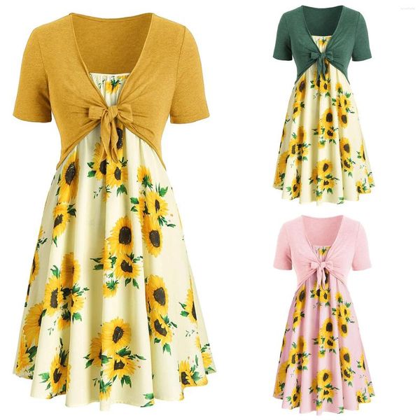 Vestidos casuales elegantes mujeres girasol impresión falda conjunto sólido top v cuello manga corta bowknot vestido plisado señoras homewear