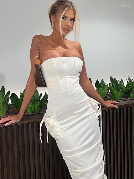 Vestidos casuales mujeres elegantes vestido blanco 2023 Sexy sin tirantes de cintura alta túnicas Bodycon bolsillos fruncido espalda descubierta boda fiesta Formal