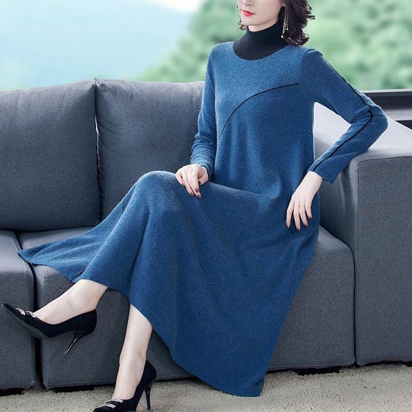 Vestidos casuales elegante lana azul otoño invierno manga larga delgado suéter de punto vestido ropa para mujer