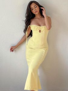 Robes décontractées Élégant Jaune Soirée Sirène Maxi Mode Évider Ruché Corset Praty Dos Nu D'été Moulante Robe Longue