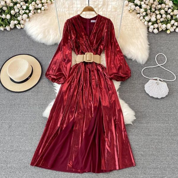 Robes décontractées Elegantes couleur métallique col en v Vestido De Fiesta Mujer Para Una Boda ceinture taille haute robe pour femmes Vintage livraison directe