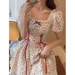 Vestidos casuales ELIJOIN Verano Francés Pequeño vestido floral fresco Super Sensen Puff Manga Pajarita Encaje con volantes