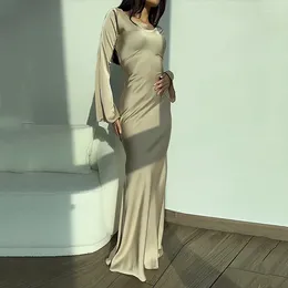 Robes décontractées ellafads femmes robe longue fode automne simple simple cou rond satin flare mandeve lacet up mince soirée de fête de fête