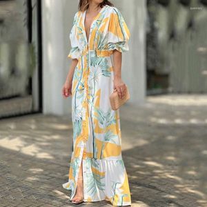 Robes Décontractées Ellafads Femmes Maxi Dress Été Élégant Imprimé Manches Courtes Bouffantes Col En V Nipped Taille Mince Simple Rangée Bouton Beach Party