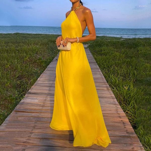 Robes décontractées Ellafads femmes Maxi robe élégante solide jaune sans manches chaîne licou cou dos nu soirée haute Streetwear