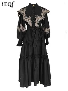 Robes décontractées brodé Cape Style lanterne manches pour femmes longue taille haute casual lâche robe élégante femme 3WQ9225