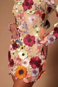 Casual jurken geborduurde jurk dames 3D bloem elastisch bodycon vrouw lange mouw maas ademend