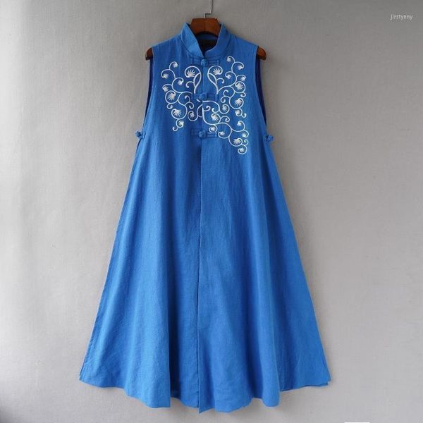 Robes décontractées broderie Style chinois femmes noir gilet robe Midi Oriental ethnique bleu sans manches femme vêtements 2023