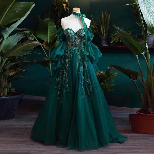 Vestidos casuales Vestido de fiesta verde esmeralda Lentejuelas Abiye Gece Elbises Vestidos con cuentas Tul Manga larga Princesa Poshoot Robe de Soiree