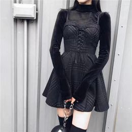 Robes décontractées emo femmes plaid plissée mini robe gothique harajuku sexy sangle de gamme sans rock punk jurken goth filles