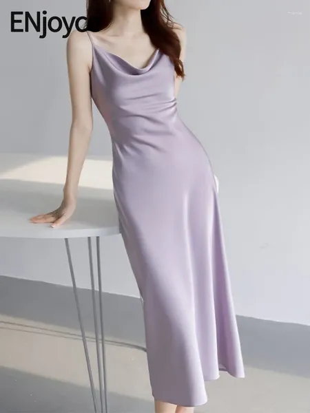 Robes décontractées profiter de l'été vintage simple satin suspension longue robe dames travail work porter coréen mode sans manches A-line maxi