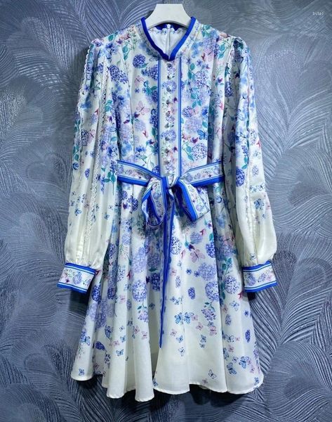 Robes décontractées Est Fashion Spring Robe 2024 Haute Qualité Design Vêtements Femmes Vintage Prints Tunique Bouton Ceinturé Manches Longues Luxe