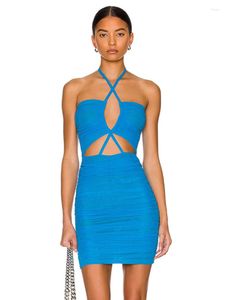 Casual jurken est dames zomer sexy halter backless mesh ruches blauwe mini bodycon bandage jurk 2023 elegante avondclubfeestje