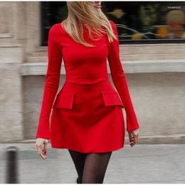 Casual jurken esuo elegante vrouwen mini-jurk zakken turtleneck lange mouw slanke woon-werkverkeer a-line robe lady solid bodycon chic rood