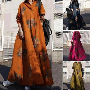 Vestidos informales Moda étnica Estilo de estampado floral Vestido maxi para mujeres con cuello giratorio Mangas largas Tamaño A-Línea Longitud de tobillo