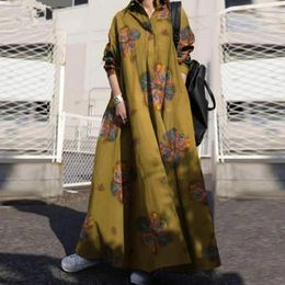 Robes décontractées Robe de style de mode ethnique imprimé floral maxi pour les femmes avec col rabattu manches longues plus taille