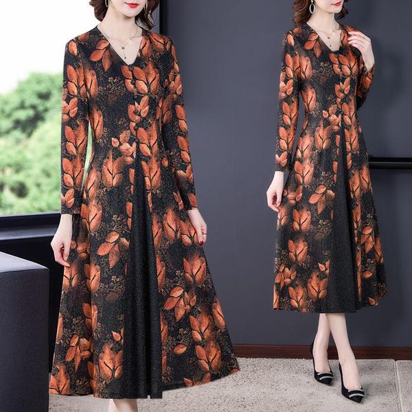 Robes décontractées Style ethnique automne robe femmes élégantes grande taille à manches longues mode rétro feuille impression épissé femme robes robes M1039