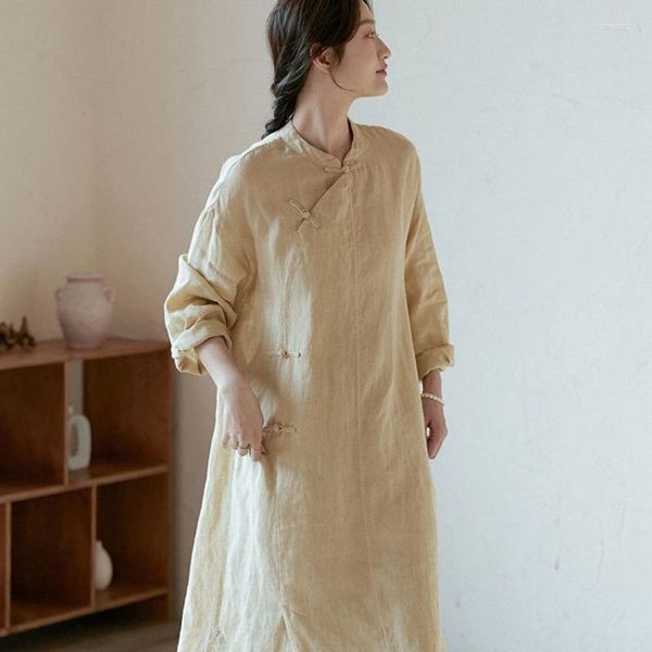 Robes décontractées Style ethnique coton et lin robe été sur le genou littéraire rétro à lacets Ramie chinois Cheongsam Robes